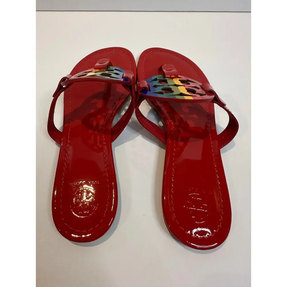 Tory Burch Miller Limited Edition Rainbow Leather Sandals Sz 9.5 Red Logo Sandal